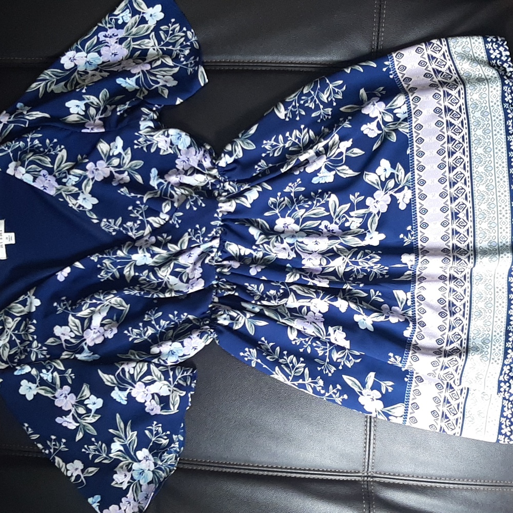 Beautiful floral dress, dark blue with purples creams and greens